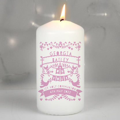 Personalised Pink Papercut Style Pillar Candle from Heartfelt Gifts