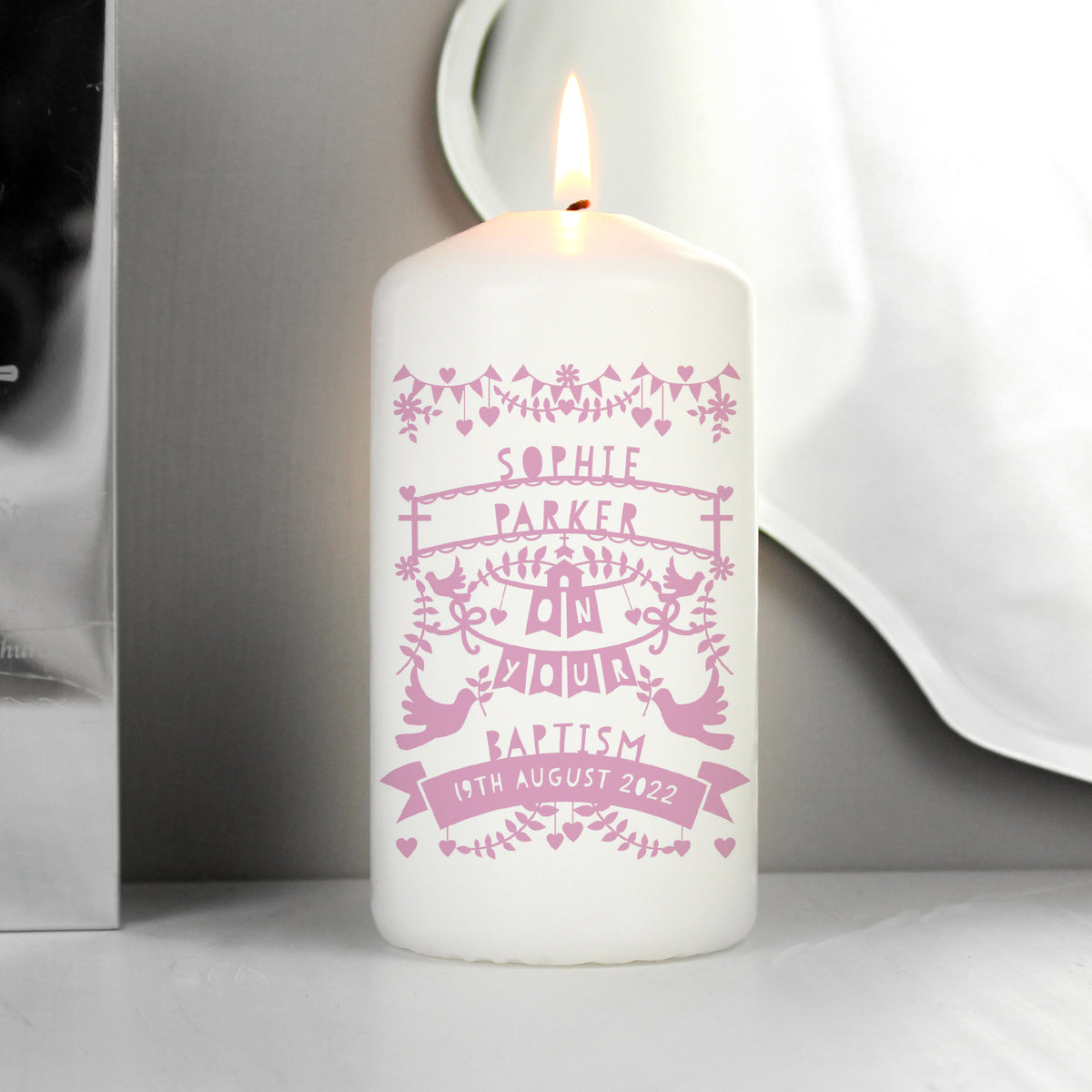 Personalised Pink Papercut Style Pillar Candle - image 6