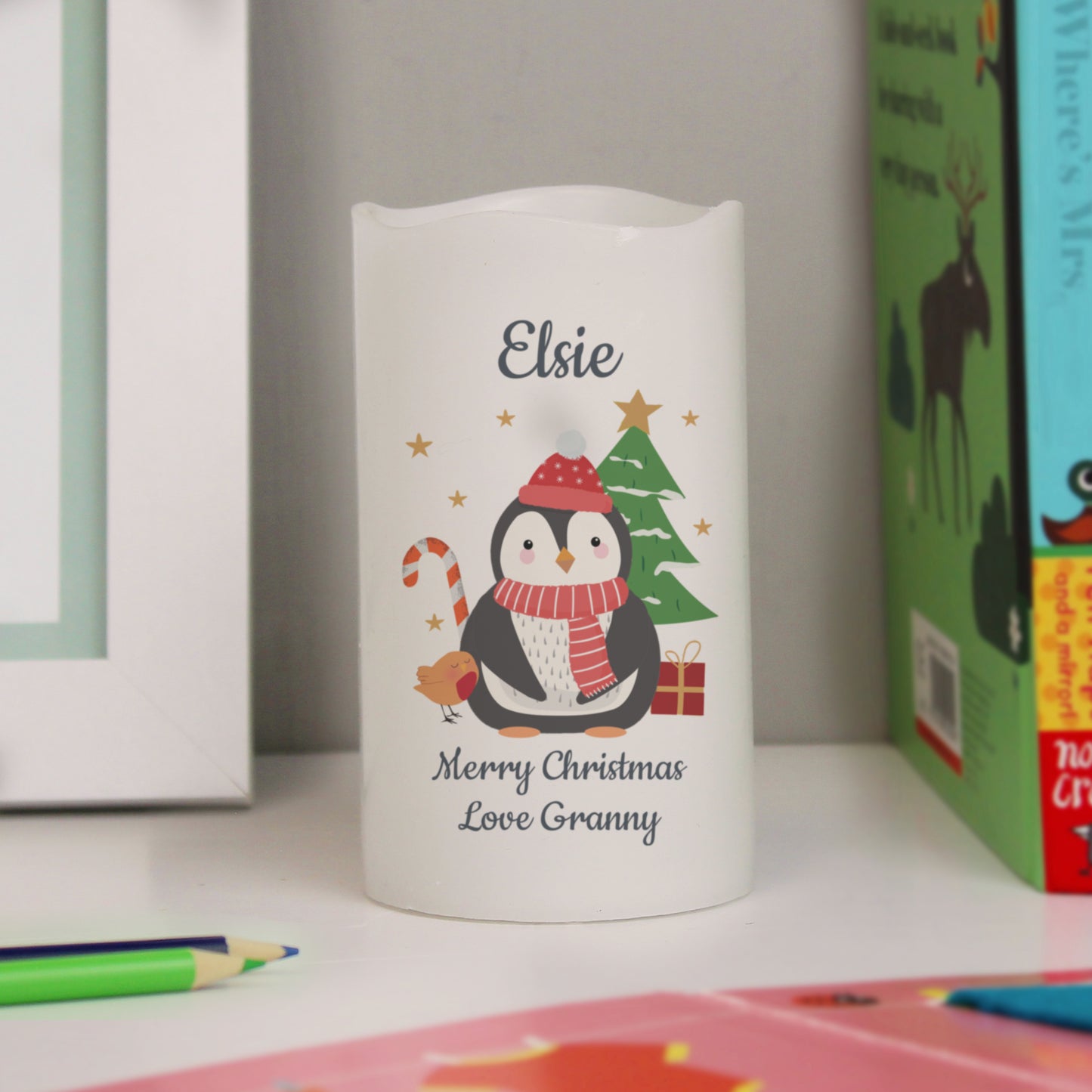 Personalised Penguin Christmas LED Candle from Heartfelt Gifts