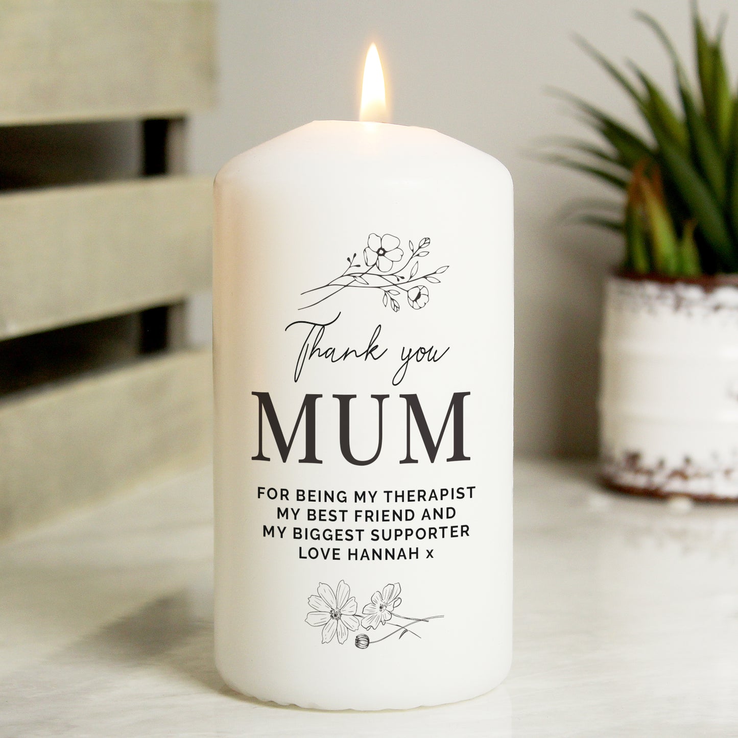 Personalised Fineline Floral Pillar Candle from Heartfelt Gifts