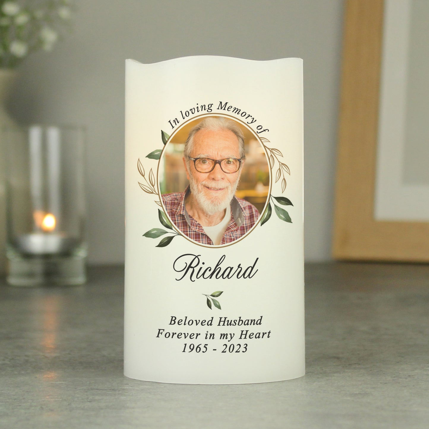 Personalised Botanical Memorial Photo Upload LED Candle from Heartfelt Gifts