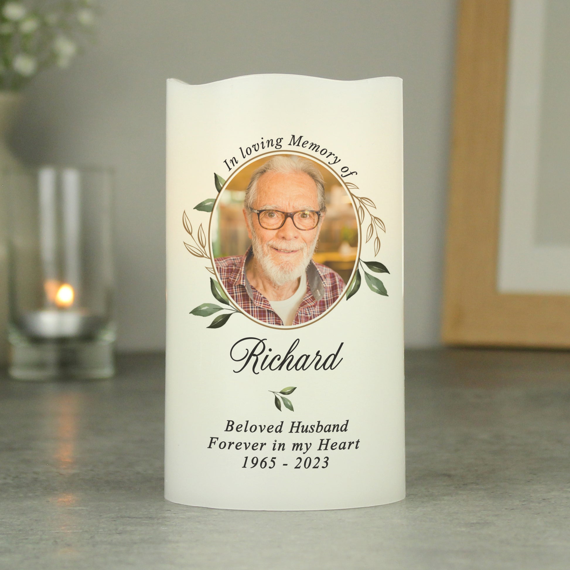 Personalised Botanical Memorial Photo Upload LED Candle from Heartfelt Gifts