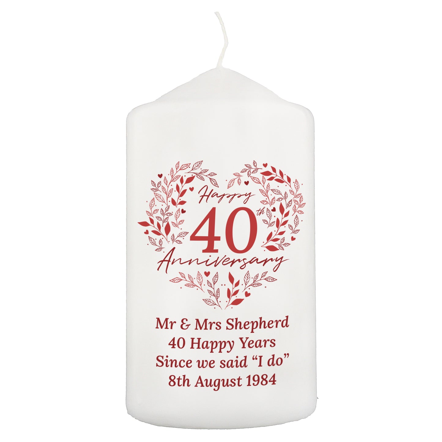 Personalised 40th Ruby Wedding Anniversary Pillar Candle - image 5