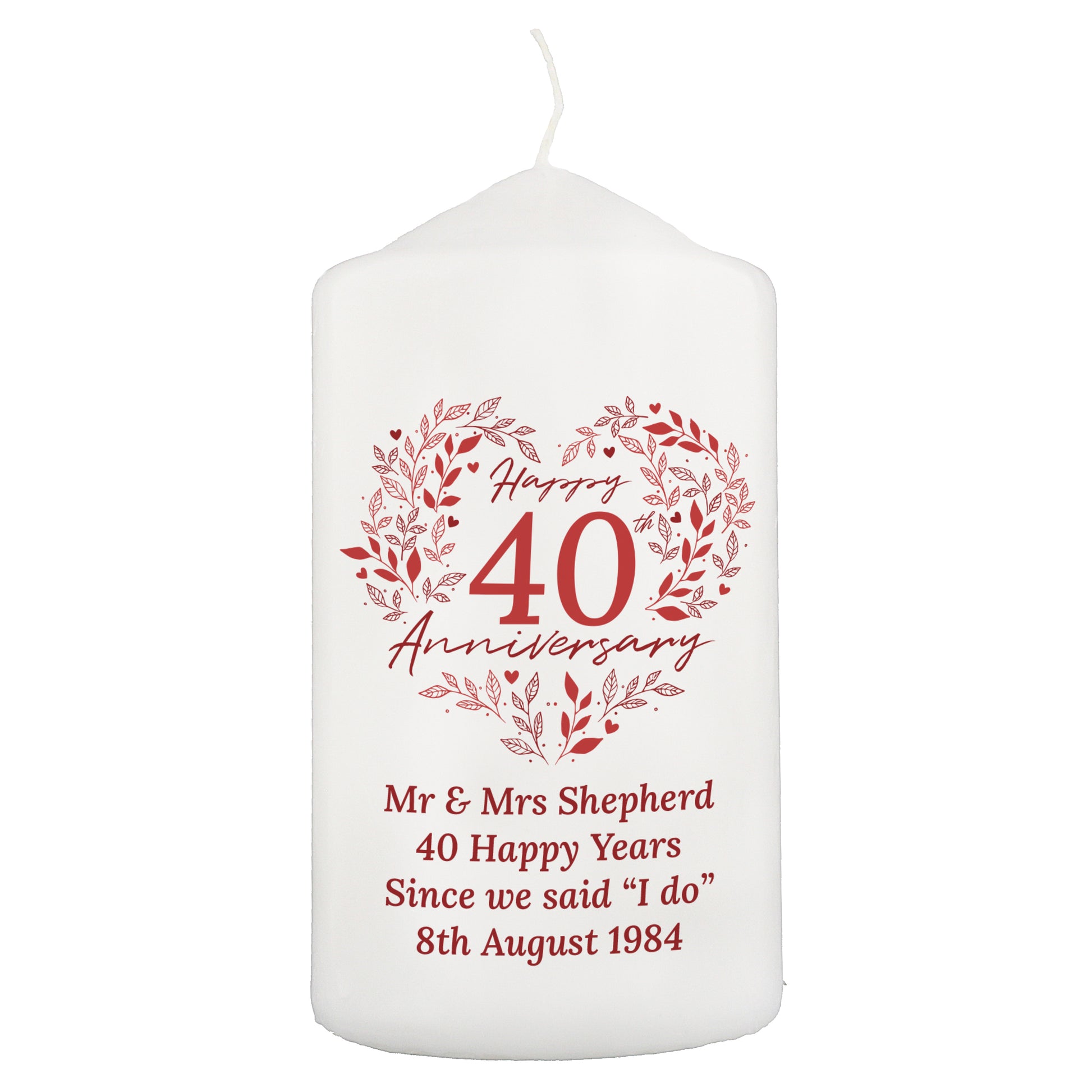 Personalised 40th Ruby Wedding Anniversary Pillar Candle - image 5