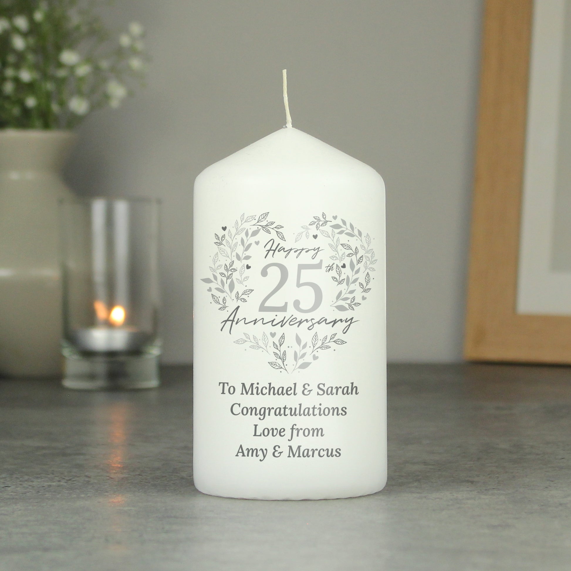 Personalised 25th Silver Wedding Anniversary Pillar Candle from Heartfelt Gifts