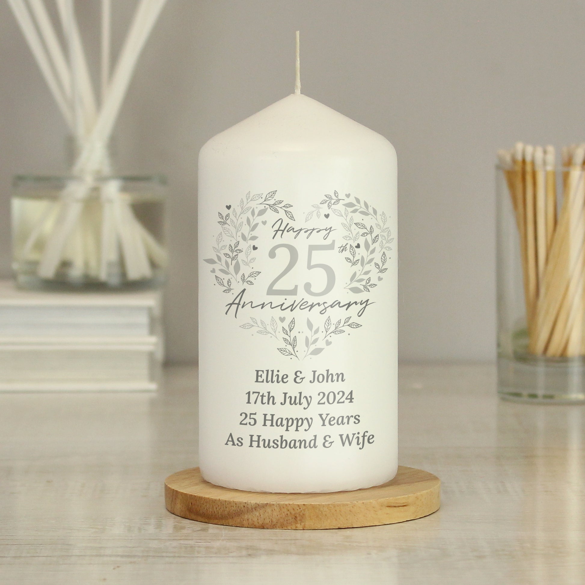 Personalised 25th Silver Wedding Anniversary Pillar Candle - image 4