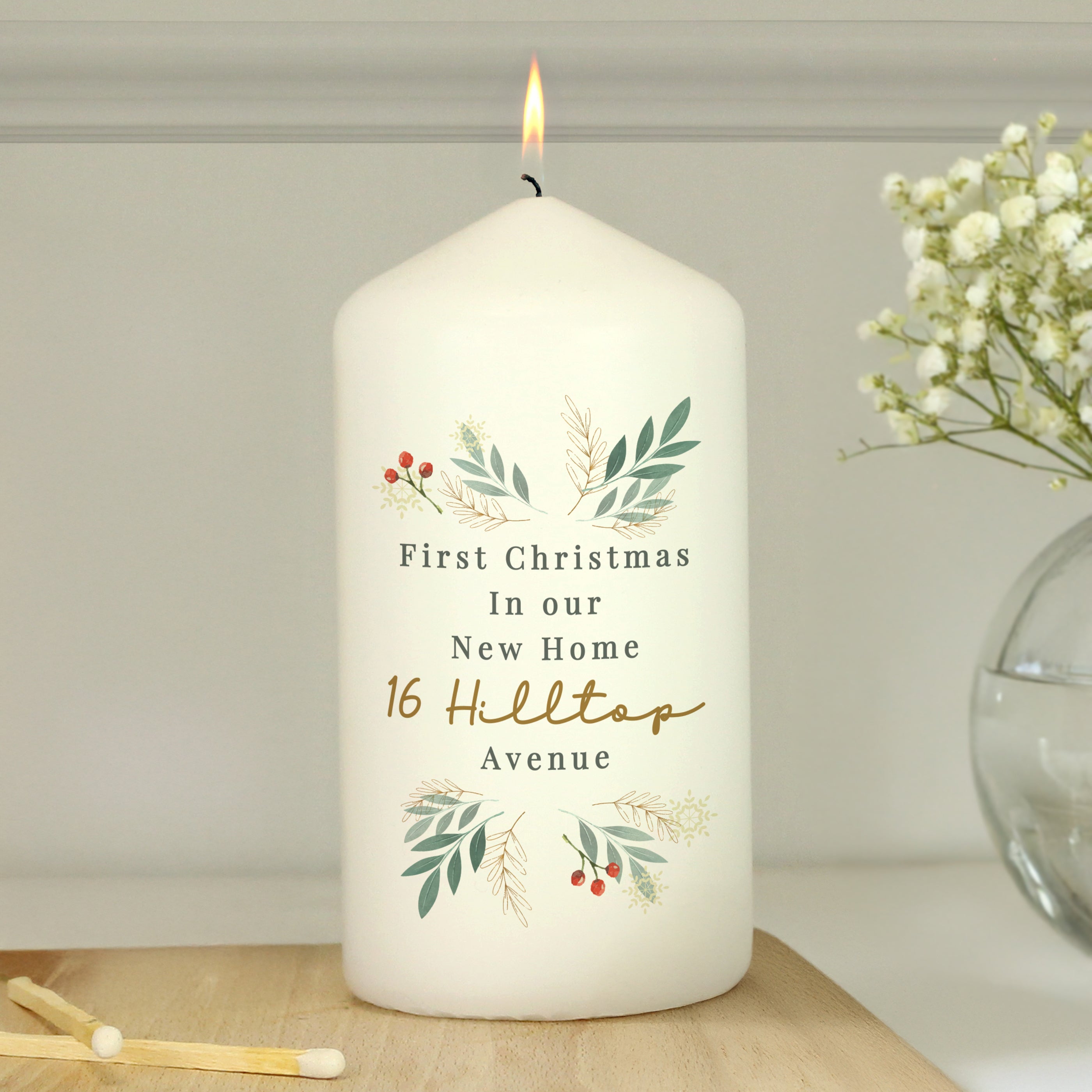 Personalised Christmas Foliage Pillar Candle from Heartfelt Gifts