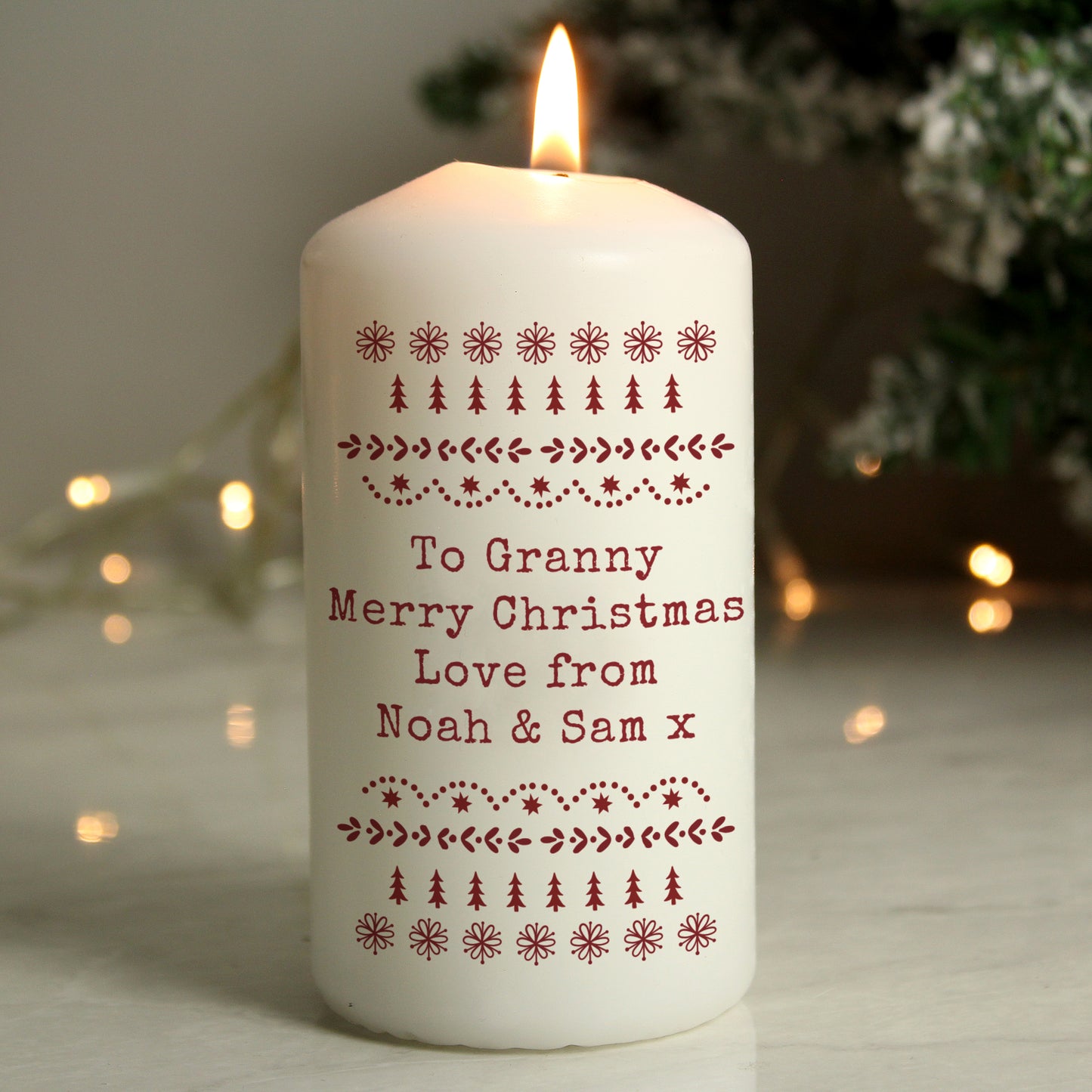 Personalised Christmas Fair Isle Pillar Candle from Heartfelt Gifts