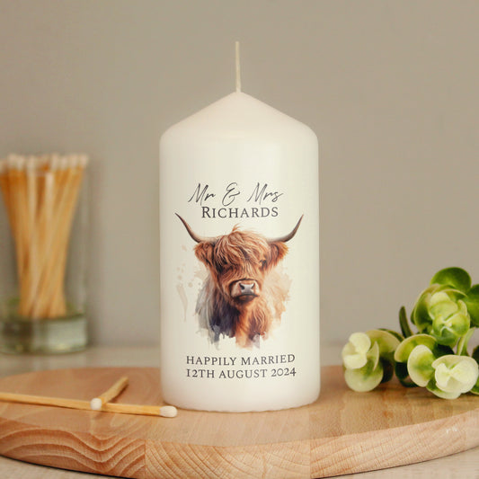 Personalised Highland Cow Pillar Candle from Heartfelt Gifts