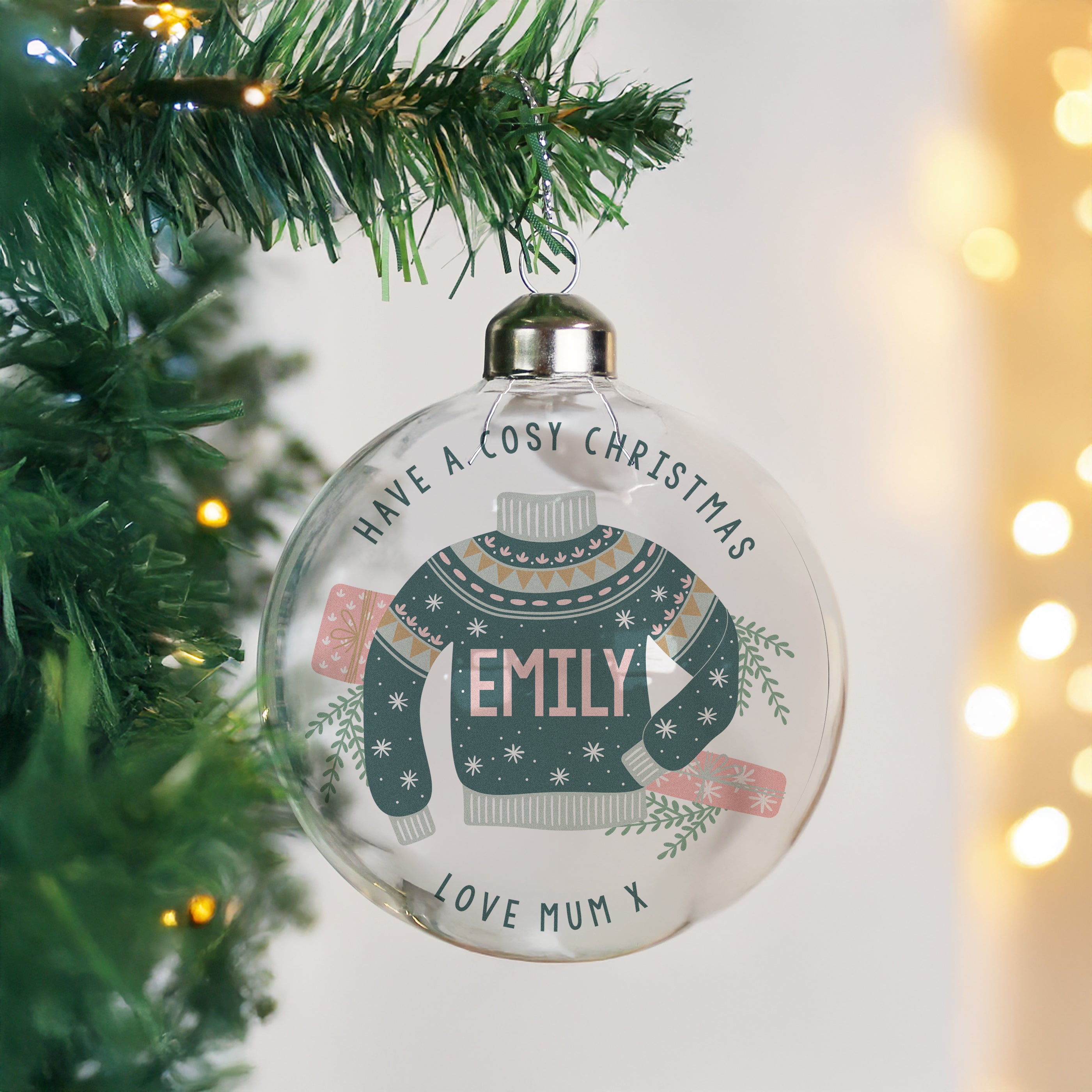 Personalised Cosy Christmas Glass Bauble from Heartfelt Gifts