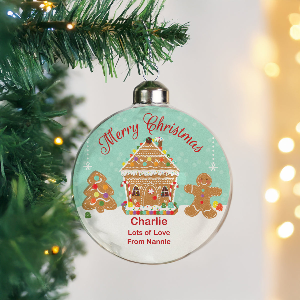 Personalised Gingerbread House Christmas Glass Bauble from Heartfelt Gifts