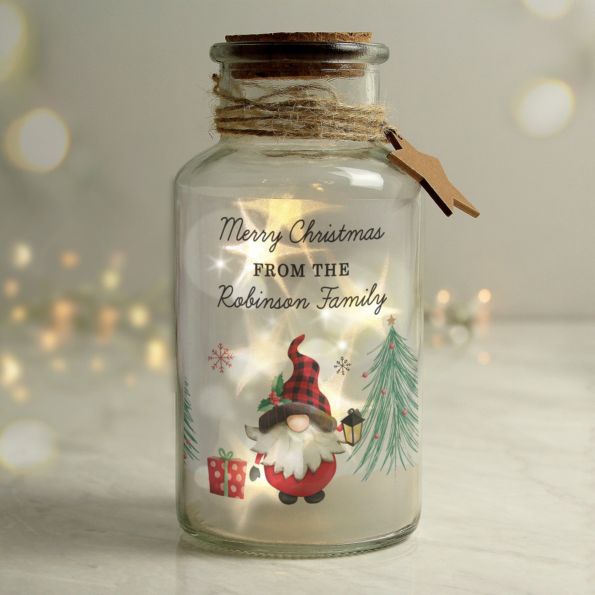 Personalised Gonk Christmas Scene LED Glass Jar from Heartfelt Gifts