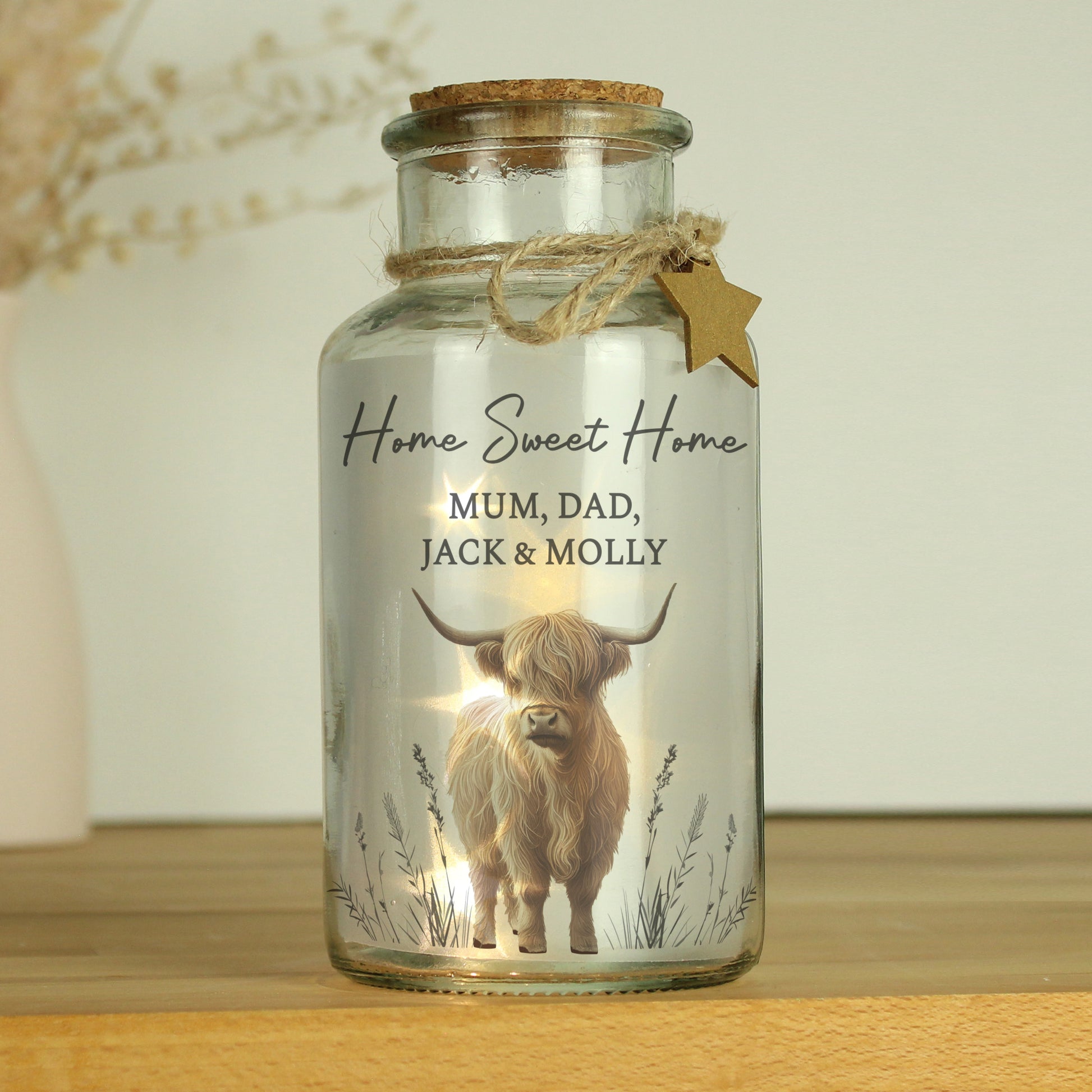 Personalised Highland Cow LED Light Up Jar – Glass Home Gift