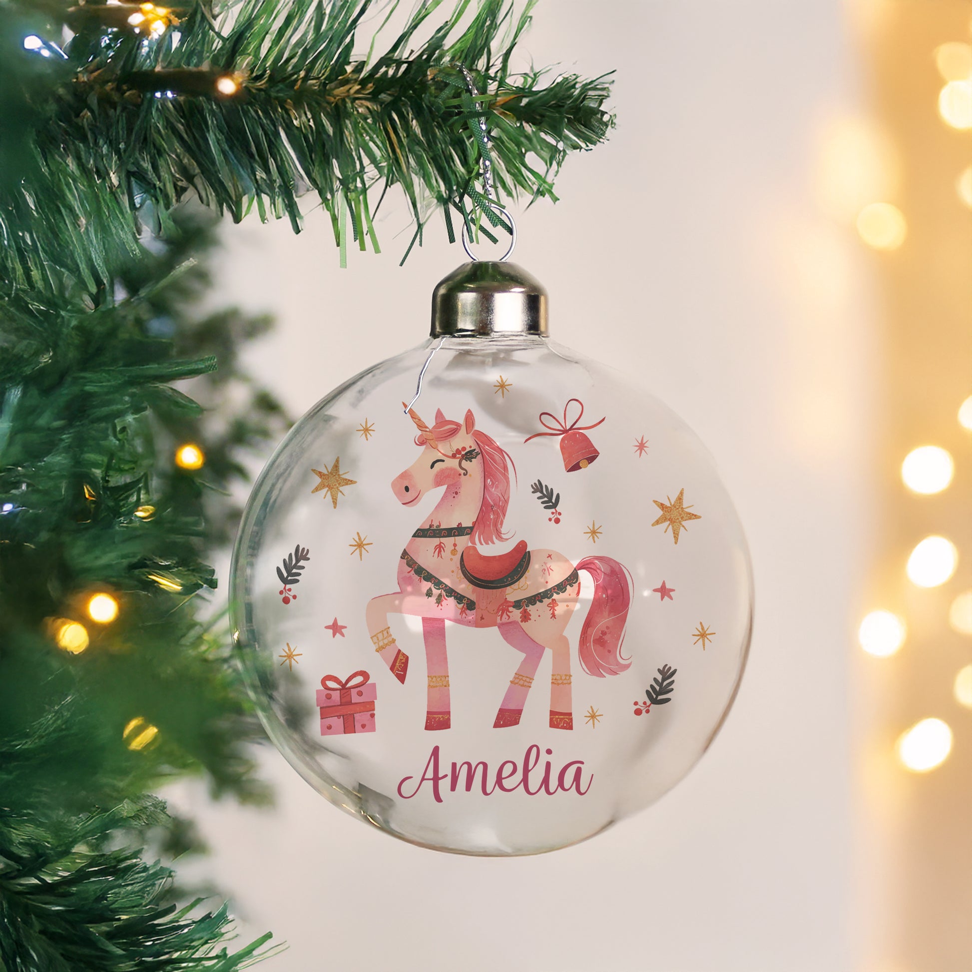 Personalised Unicorn Christmas Glass Bauble – Magical Children's Christmas Tree Gift