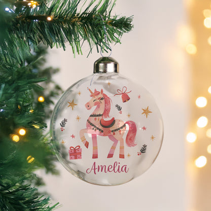 Personalised Unicorn Christmas Glass Bauble – Magical Children's Christmas Tree Gift