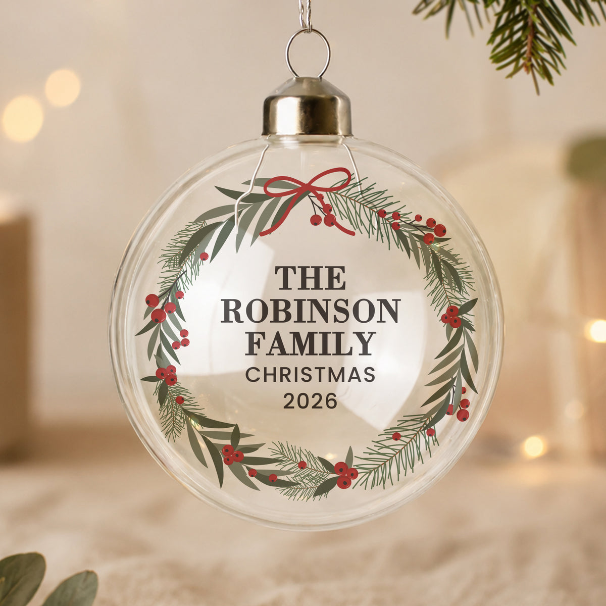 Personalised Green Christmas Wreath Glass Bauble from Heartfelt Gifts
