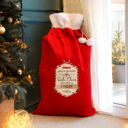 Personalised Special Delivery Luxury Pom Pom Red Sack from Heartfelt Gifts
