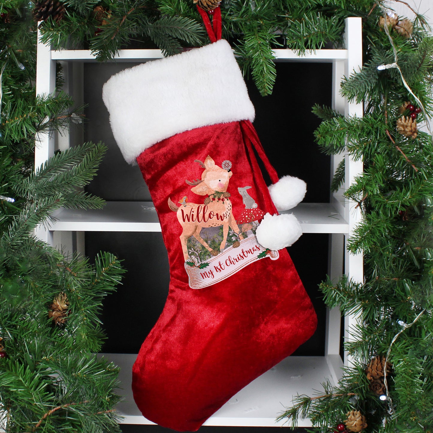 Personalised Festive Fawn Luxury Red Stocking from Heartfelt Gifts
