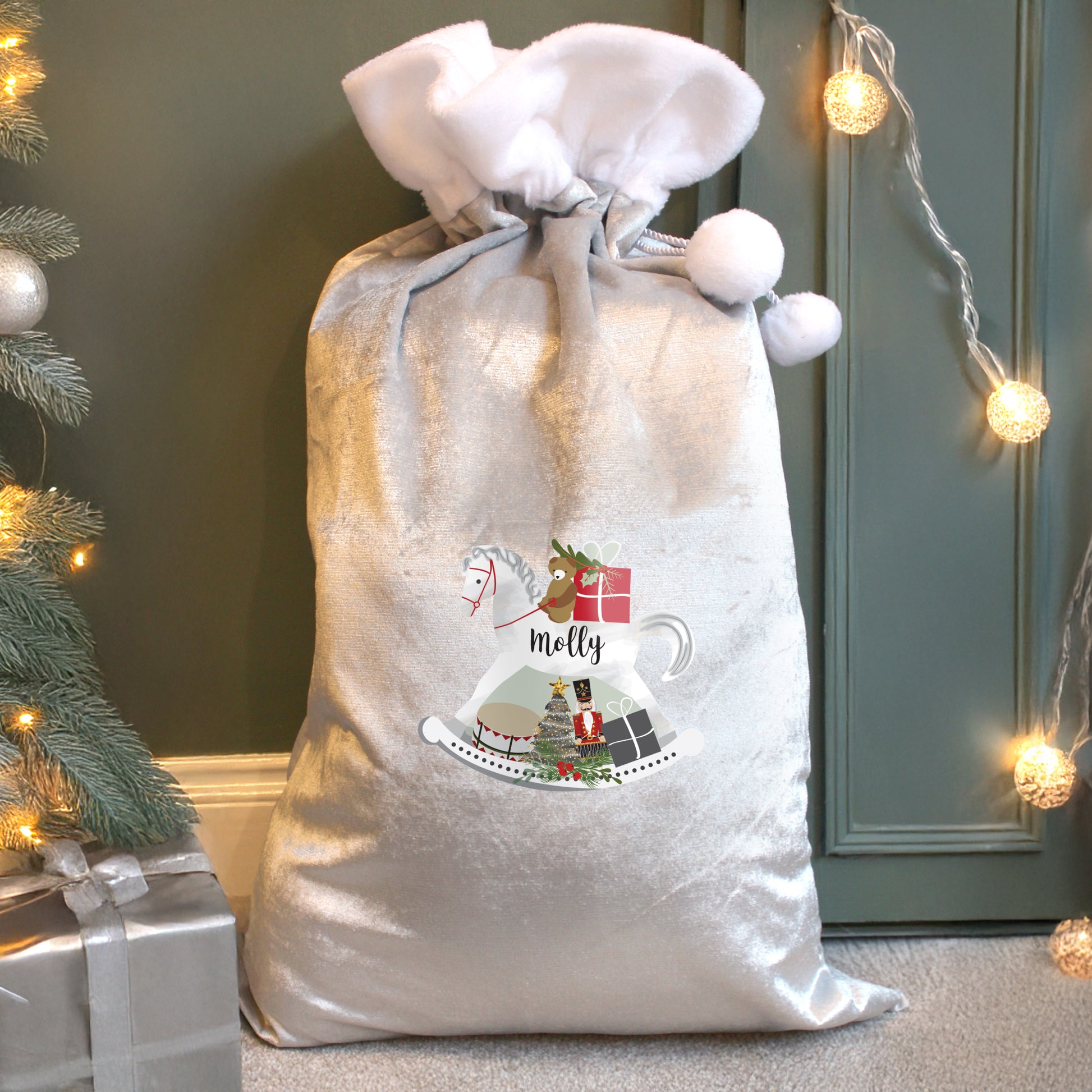 Personalised Rocking Horse Luxury Silver Grey Pom Pom Sack from Heartfelt Gifts