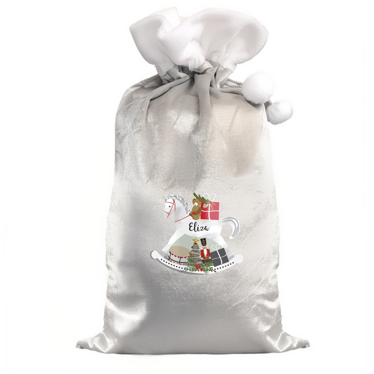 Personalised Rocking Horse Luxury Silver Grey Pom Pom Sack - image 4