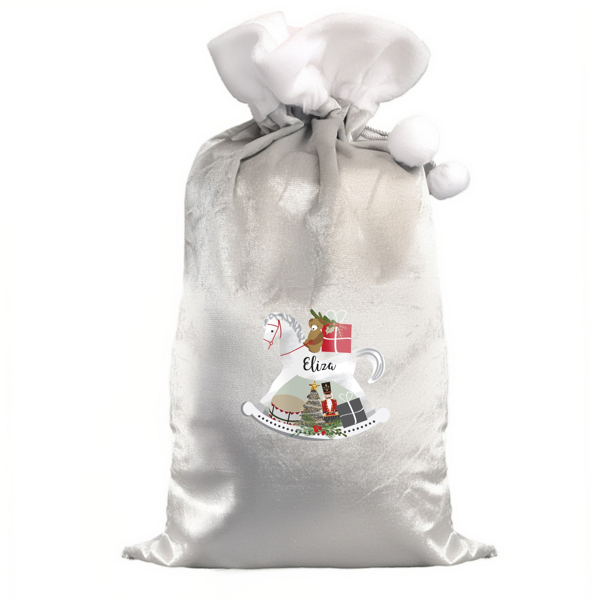 Personalised Rocking Horse Luxury Silver Grey Pom Pom Sack - image 4