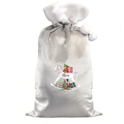 Personalised Rocking Horse Luxury Silver Grey Pom Pom Sack - image 4