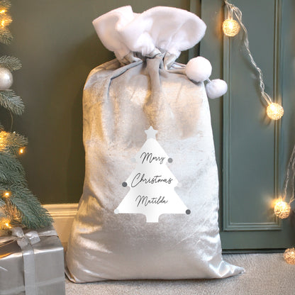 Personalised Christmas Tree Luxury Silver Grey Pom Pom Sack from Heartfelt Gifts