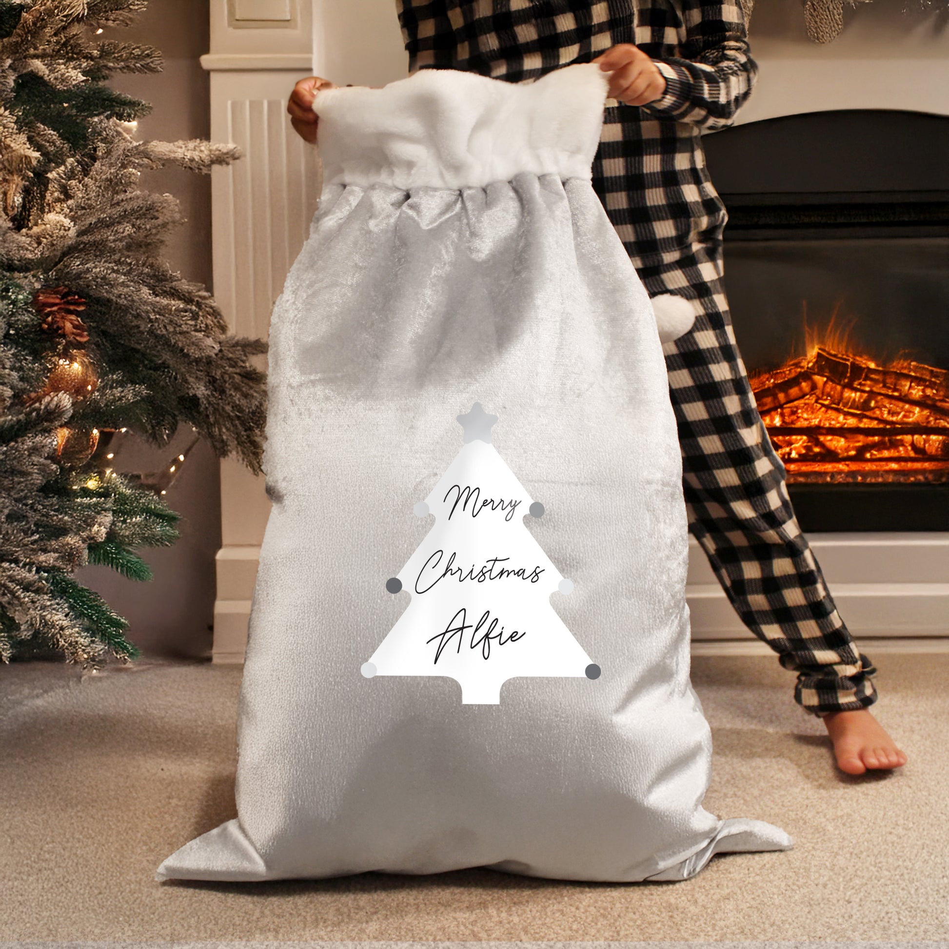 Personalised Christmas Tree Luxury Silver Grey Pom Pom Sack - image 3