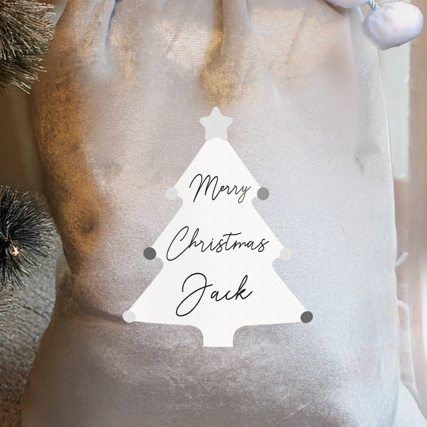 Personalised Christmas Tree Luxury Silver Grey Pom Pom Sack - image 4