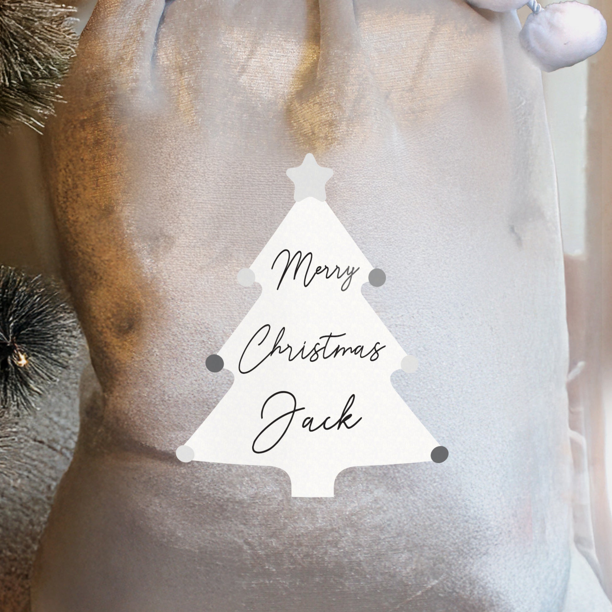 Personalised Christmas Tree Luxury Silver Grey Pom Pom Sack - image 4