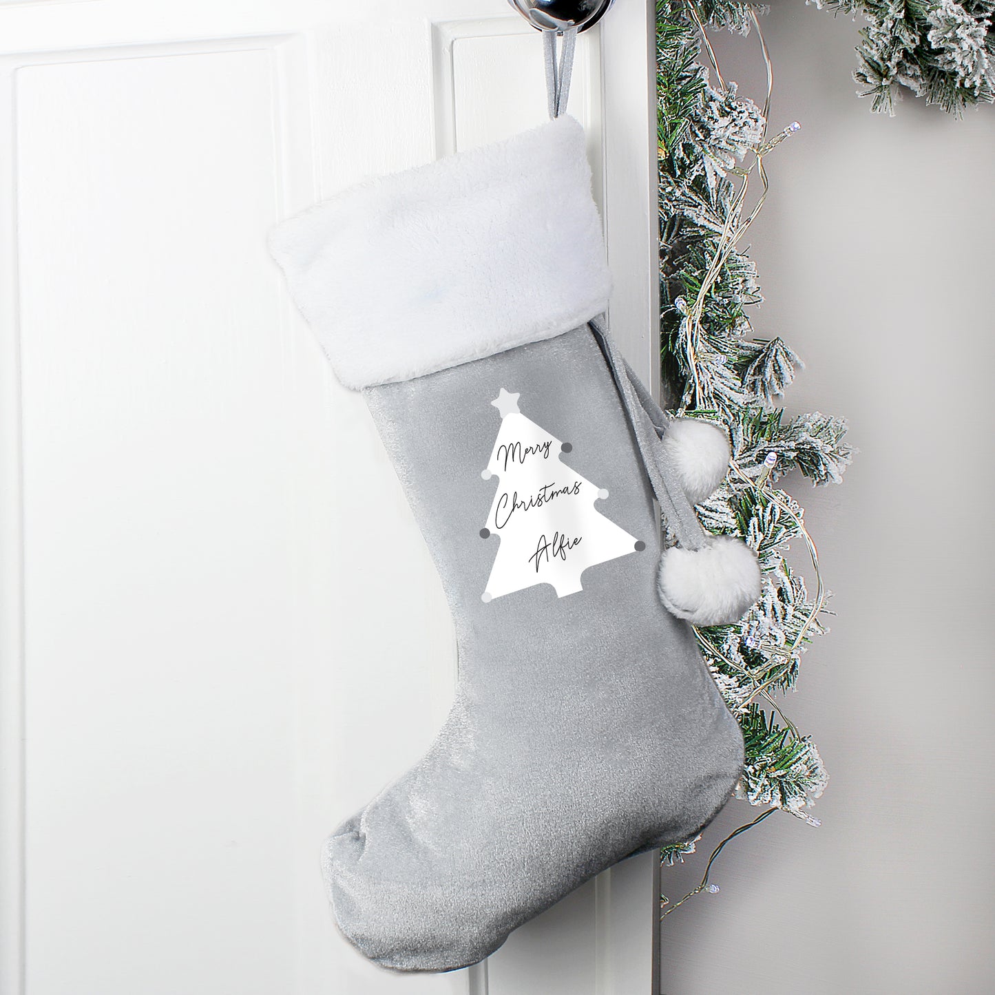 Personalised Christmas Tree Luxury Silver Grey Stocking - image 2