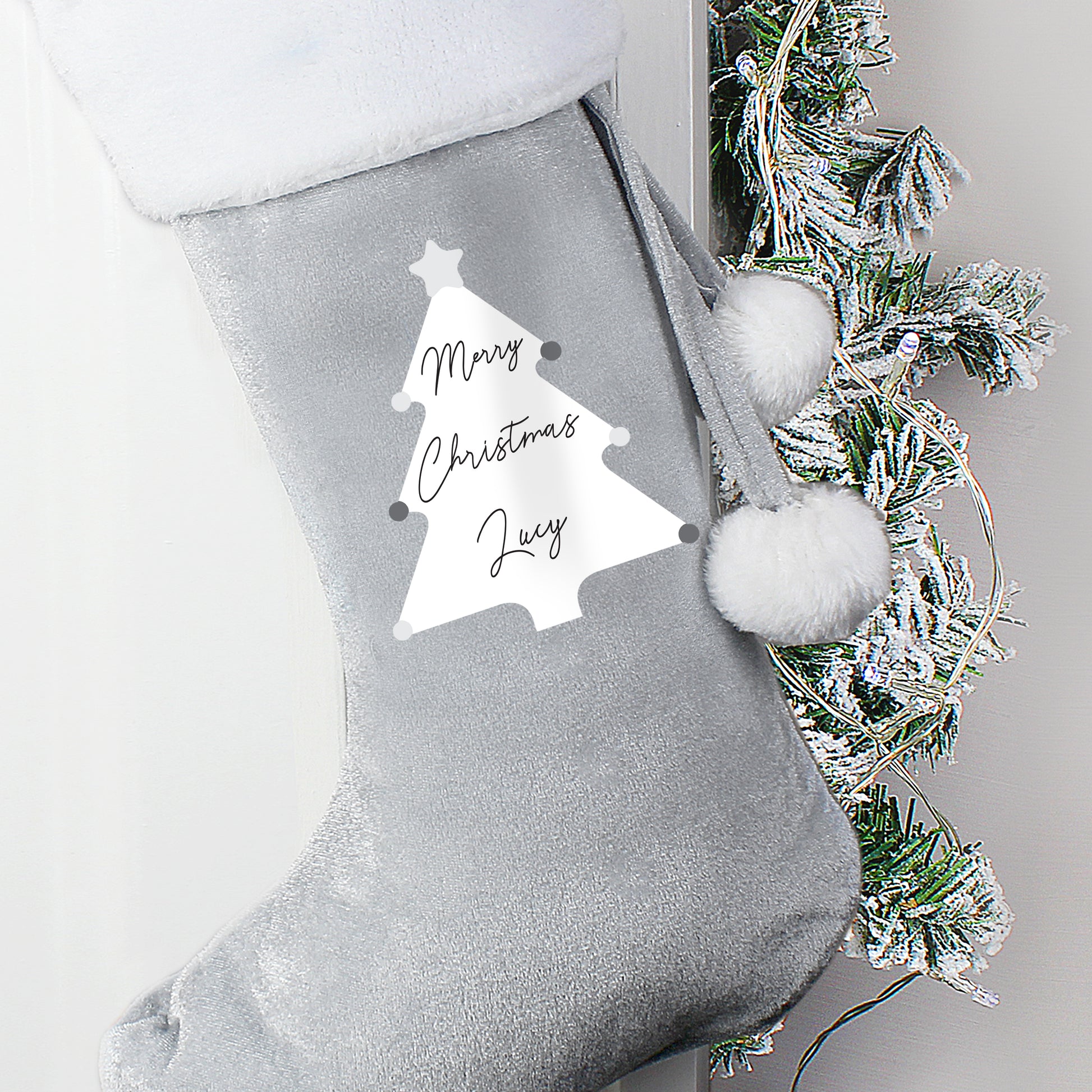 Personalised Christmas Tree Luxury Silver Grey Stocking - image 3