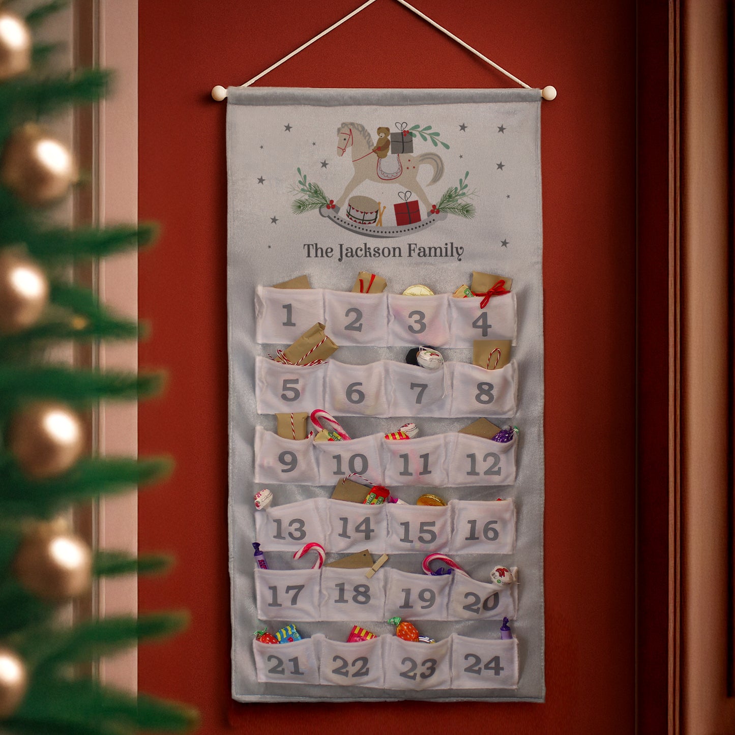 Personalised Rocking Horse Advent Calendar In Silver Grey from Heartfelt Gifts