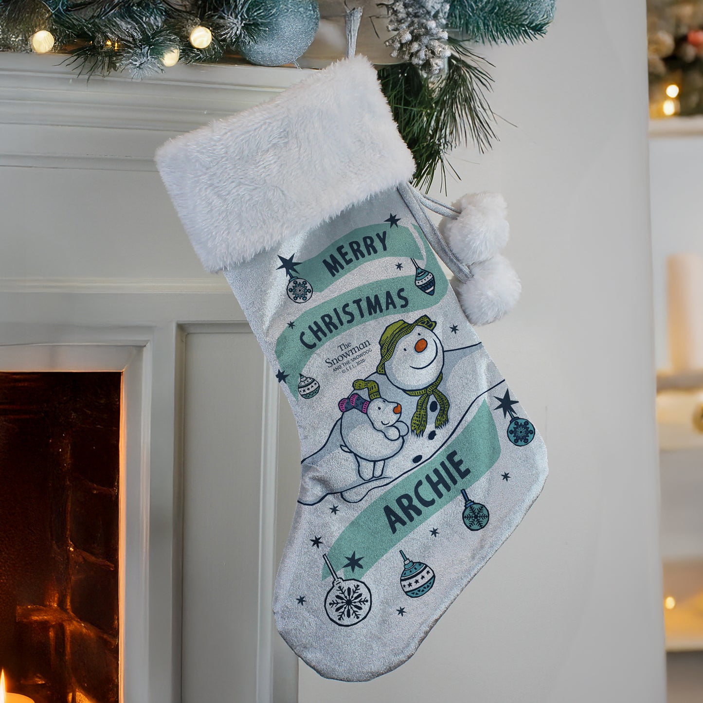 Personalised The Snowman and the Snowdog Luxury Silver Grey Stocking from Heartfelt Gifts