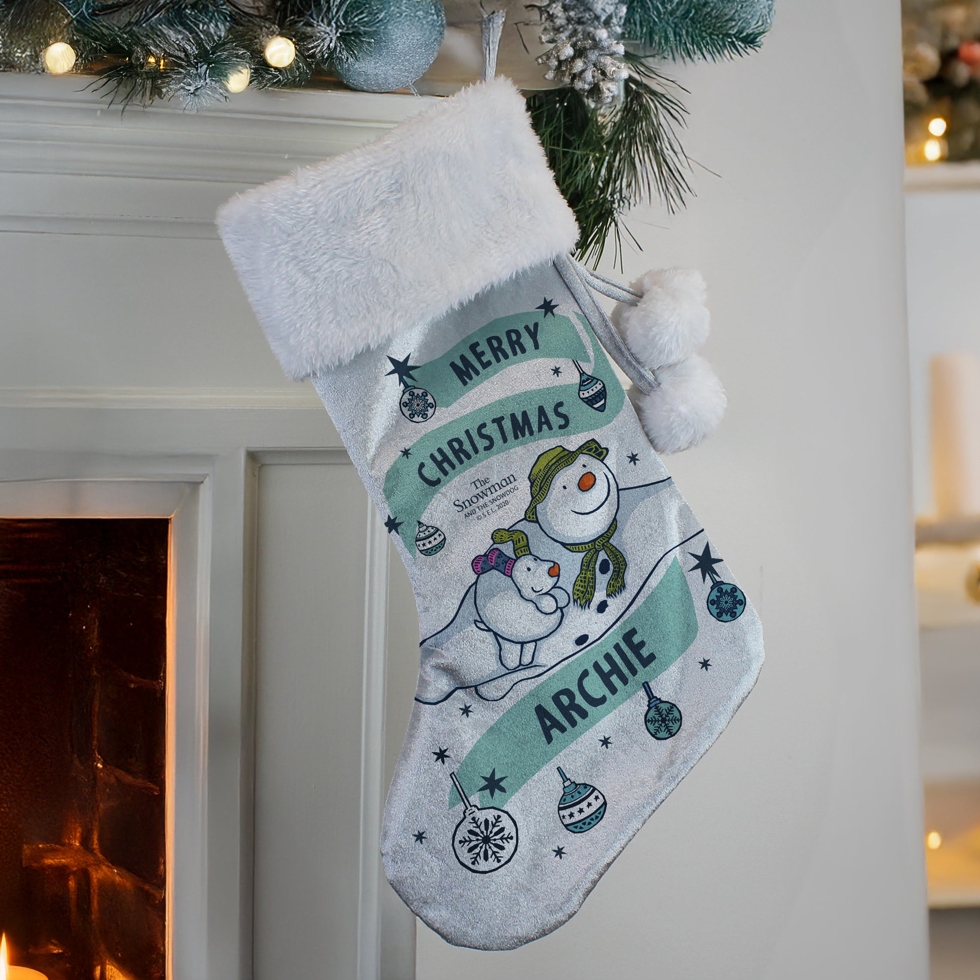 Personalised The Snowman and the Snowdog Luxury Silver Grey Stocking from Heartfelt Gifts