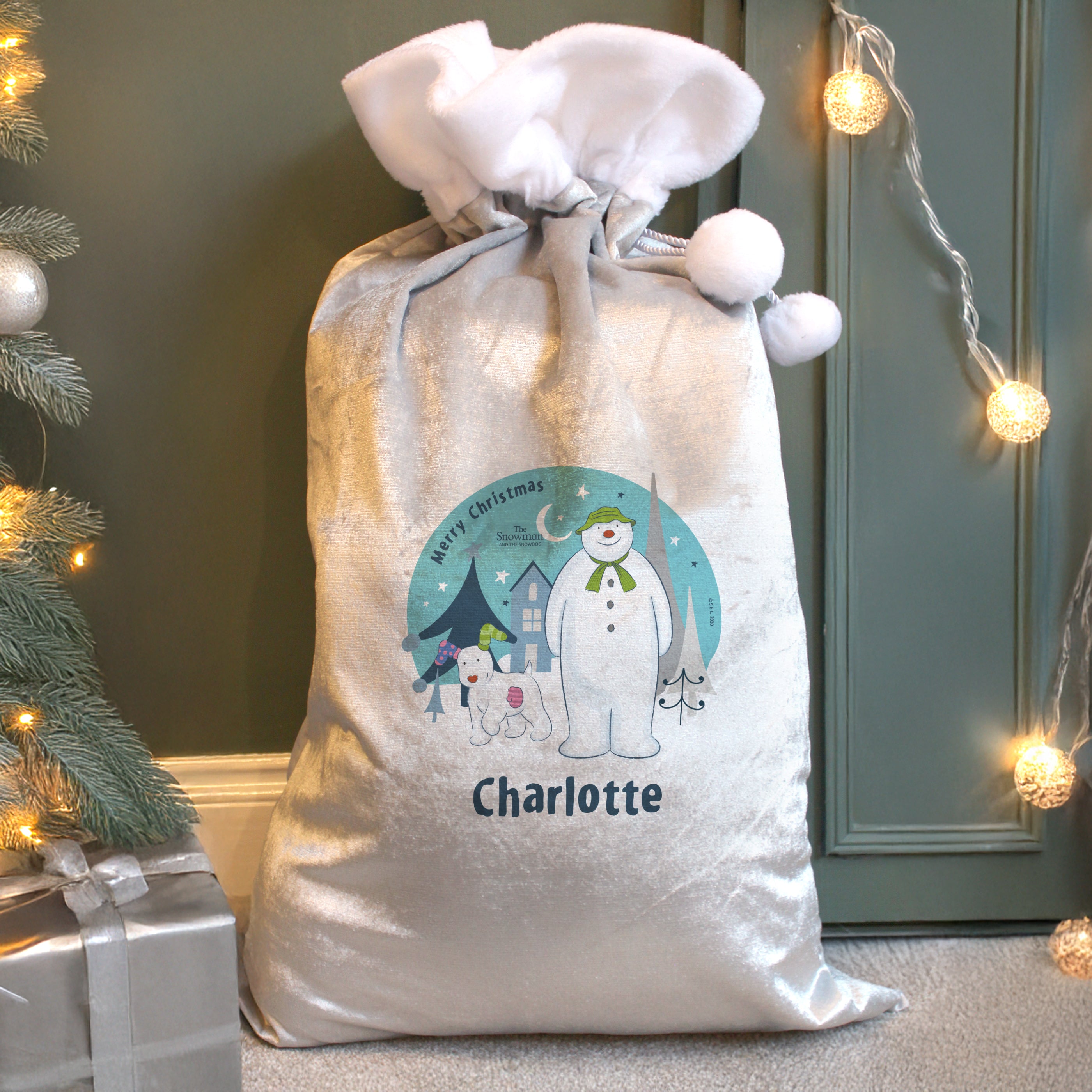 Personalised The Snowman and the Snowdog Luxury Silver Grey Pom Pom Sack from Heartfelt Gifts