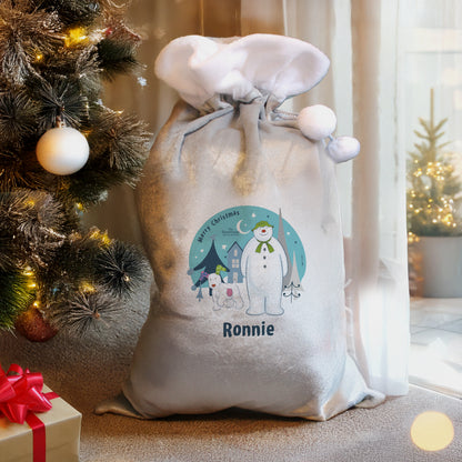 Personalised The Snowman and the Snowdog Luxury Silver Grey Pom Pom Sack - image 2