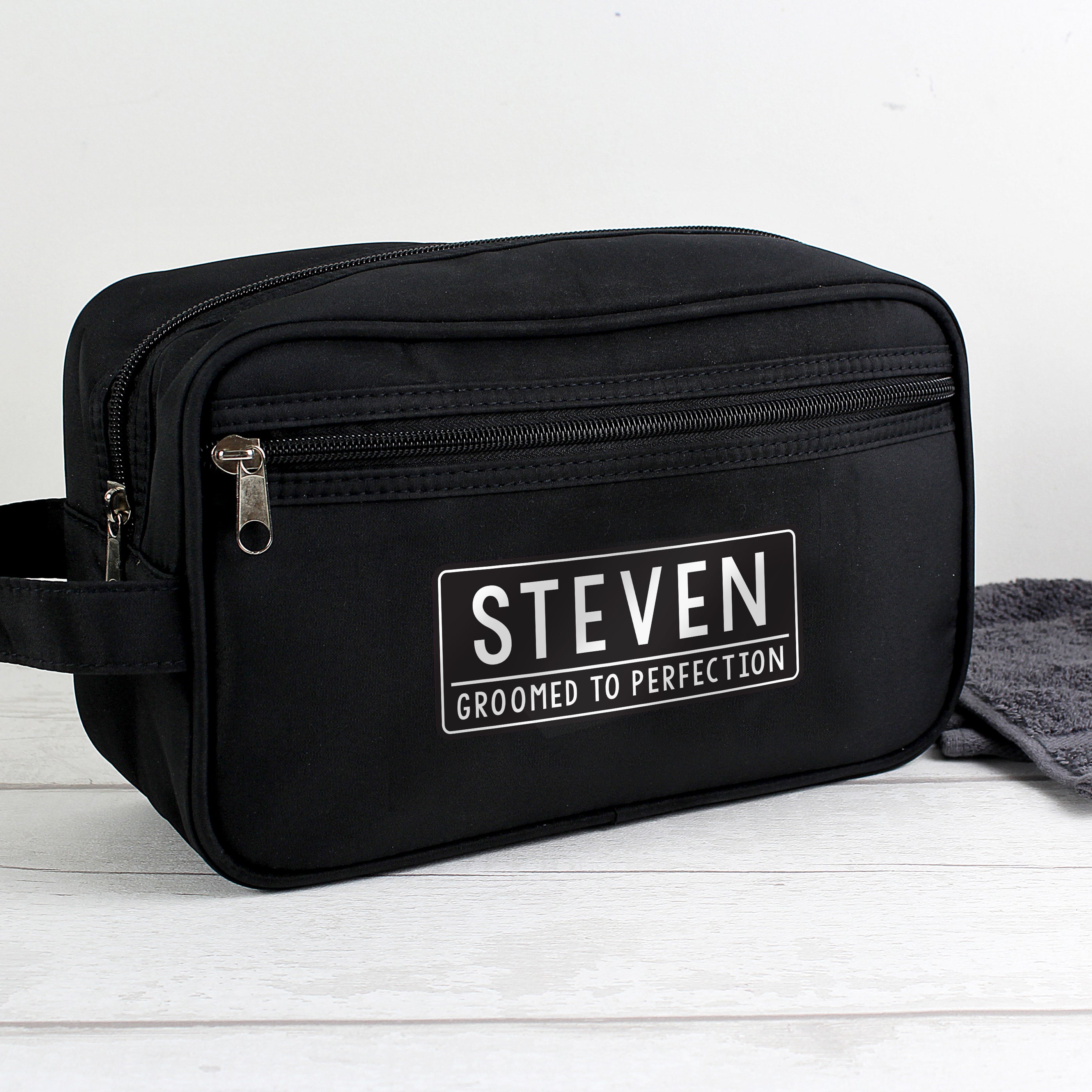Personalised Free Text Black Toiletry Bag from Heartfelt Gifts