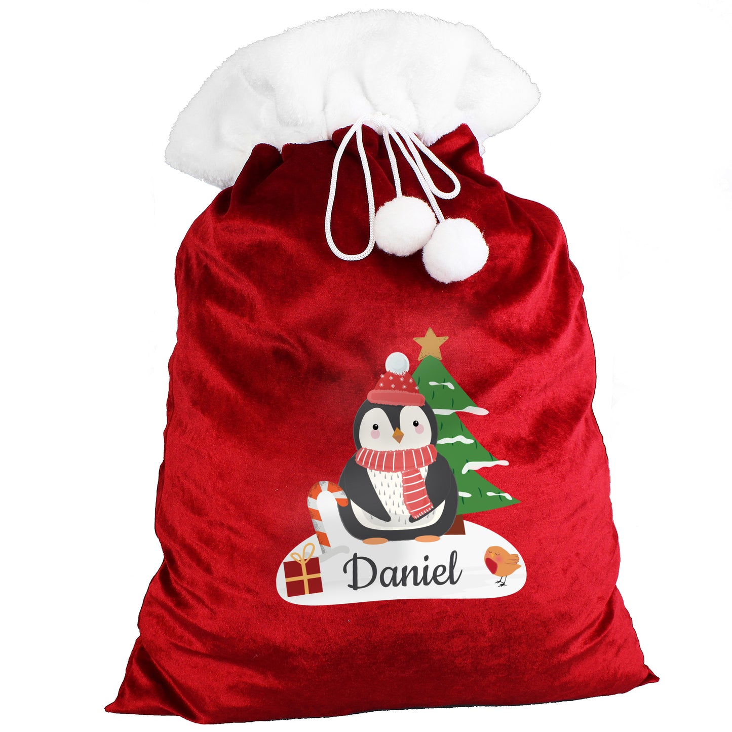 Personalised Christmas Penguin Luxury Pom Pom Red Sack - image 5