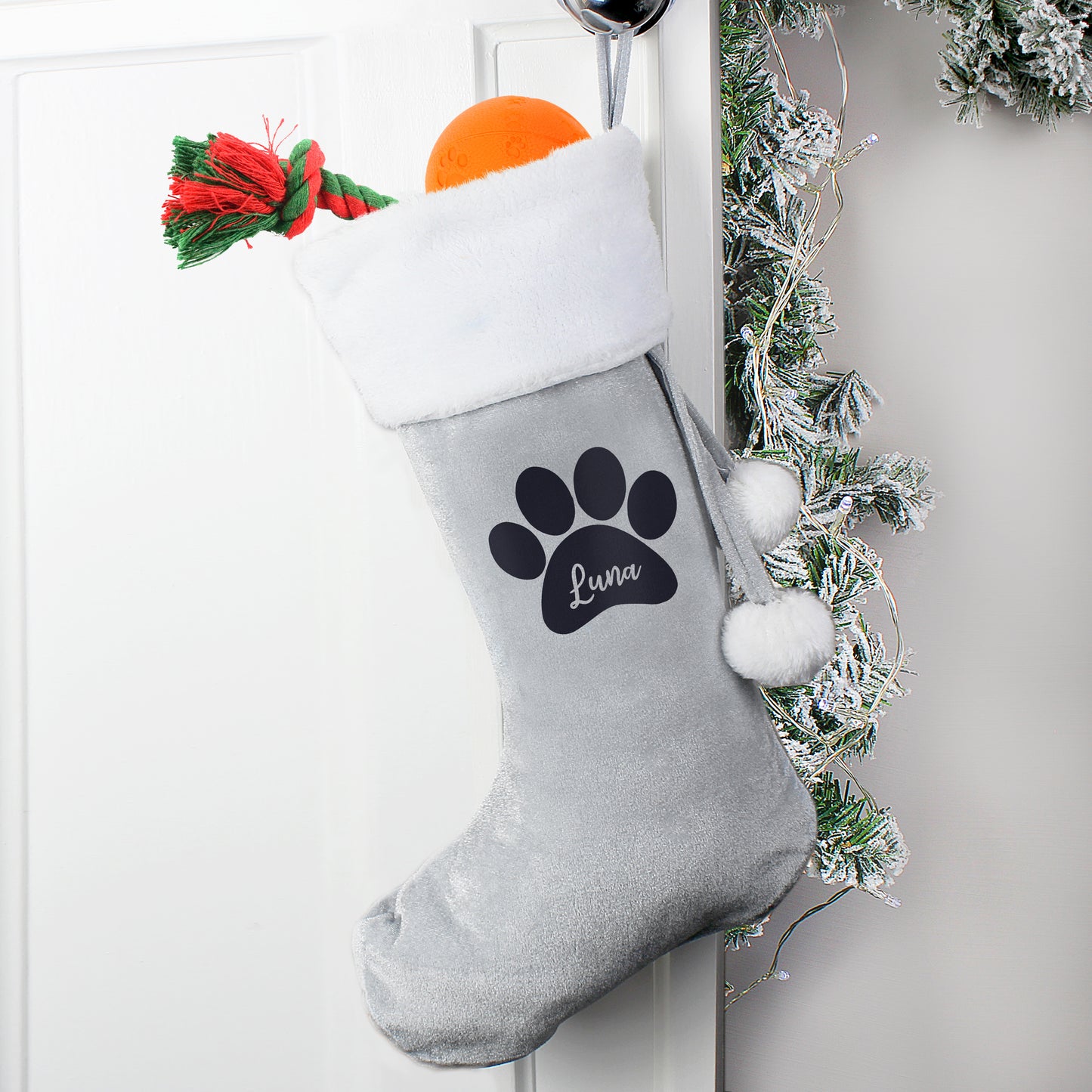 Personalised Paw Print Silver Grey Stocking from Heartfelt Gifts