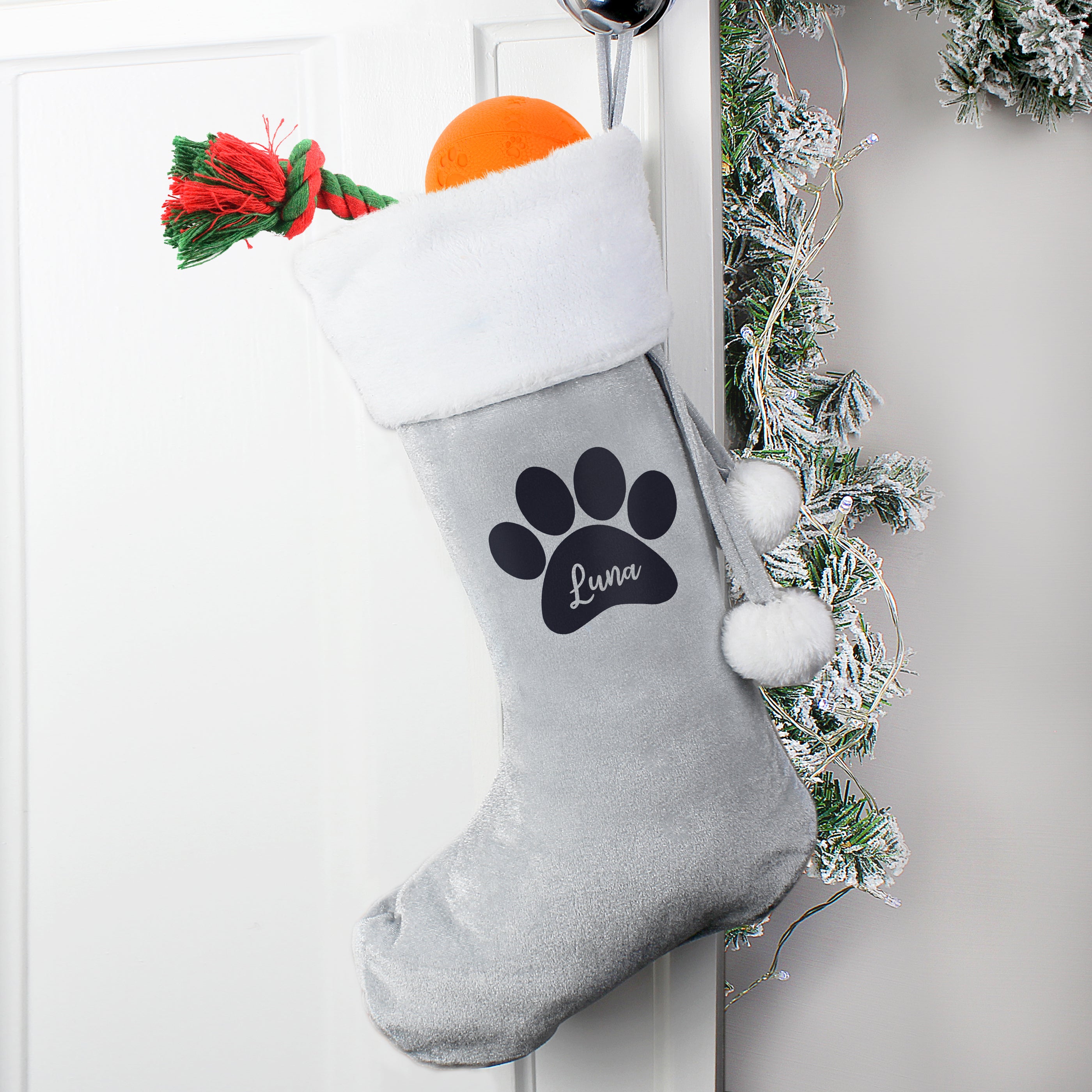 Personalised Paw Print Silver Grey Stocking from Heartfelt Gifts