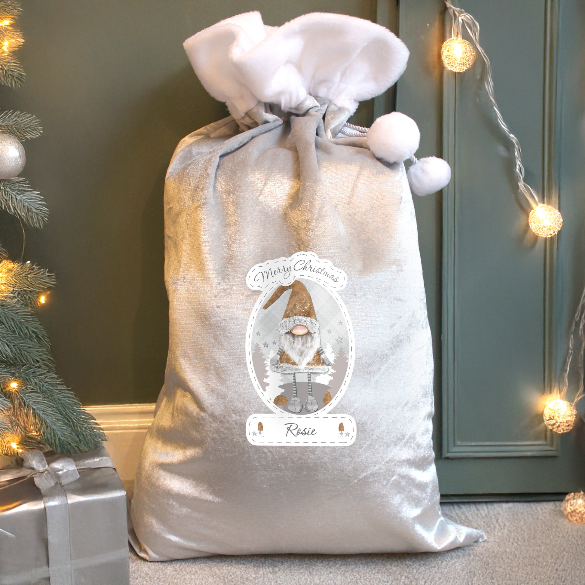 Personalised Christmas Gonk Luxury Silver Grey Pom Pom Sack from Heartfelt Gifts