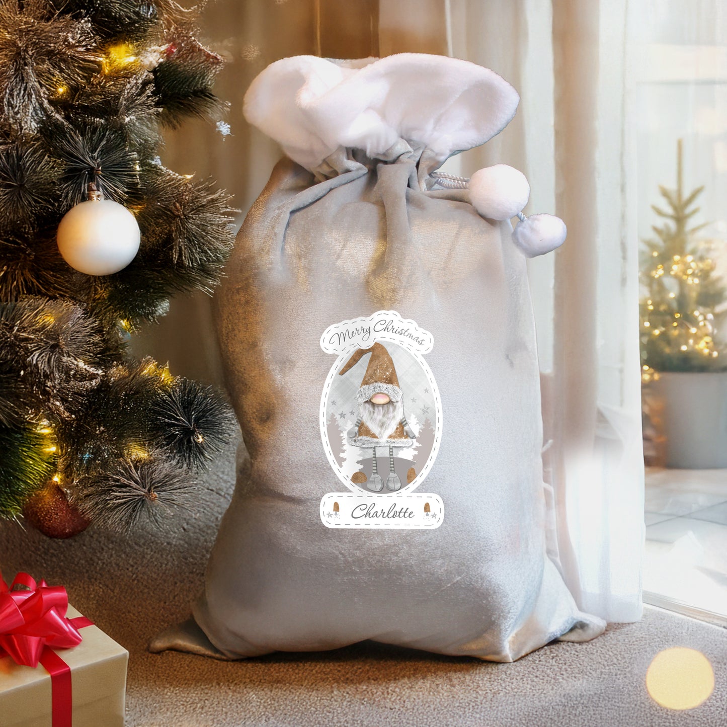 Personalised Christmas Gonk Luxury Silver Grey Pom Pom Sack - image 2