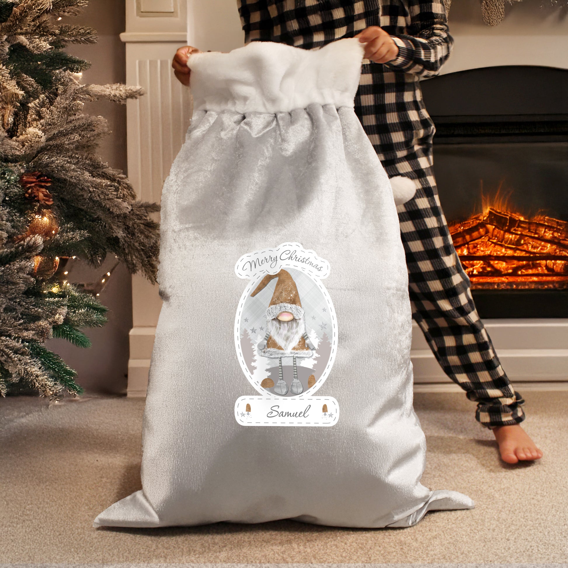 Personalised Christmas Gonk Luxury Silver Grey Pom Pom Sack - image 3