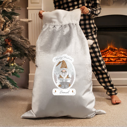 Personalised Christmas Gonk Luxury Silver Grey Pom Pom Sack - image 3