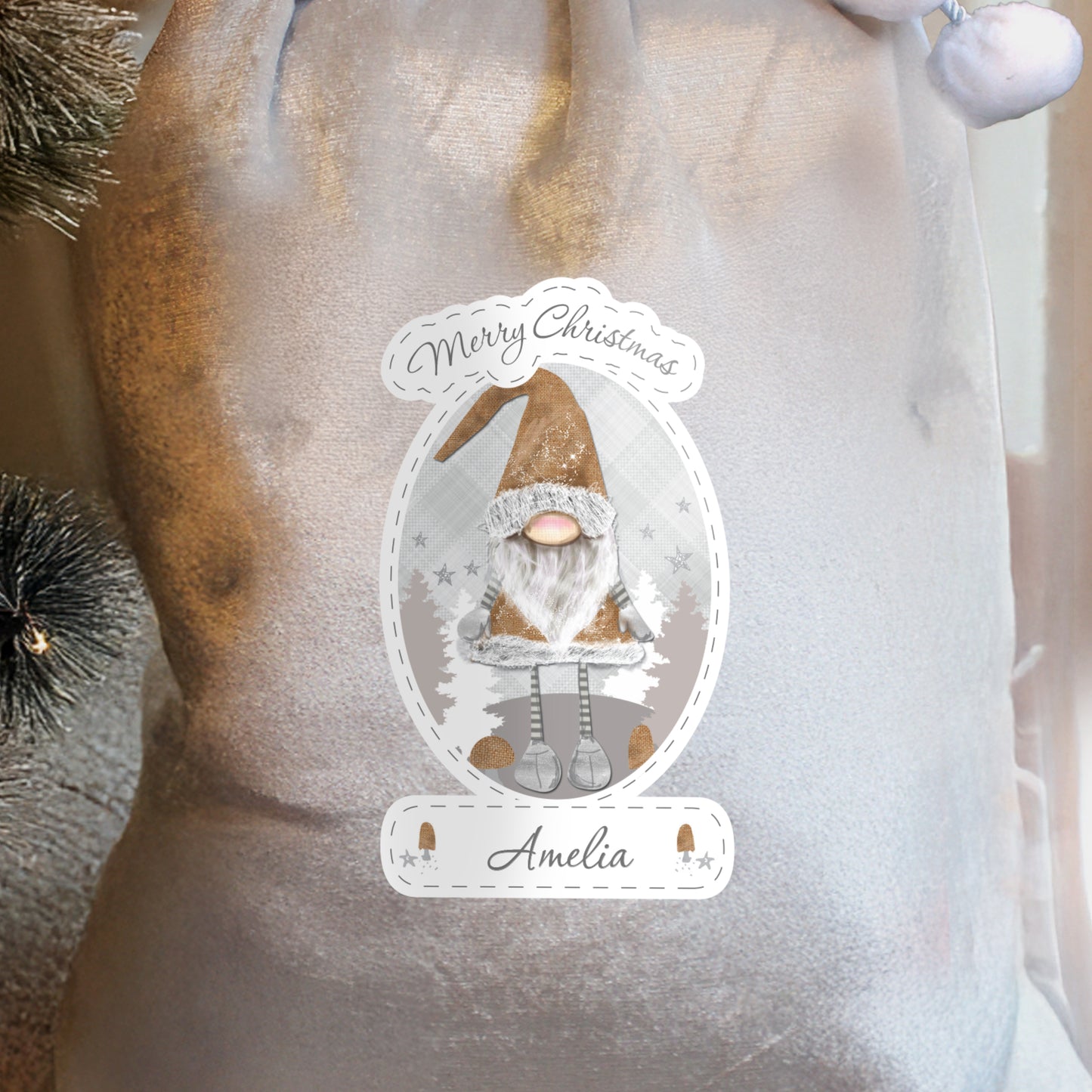 Personalised Christmas Gonk Luxury Silver Grey Pom Pom Sack - image 4