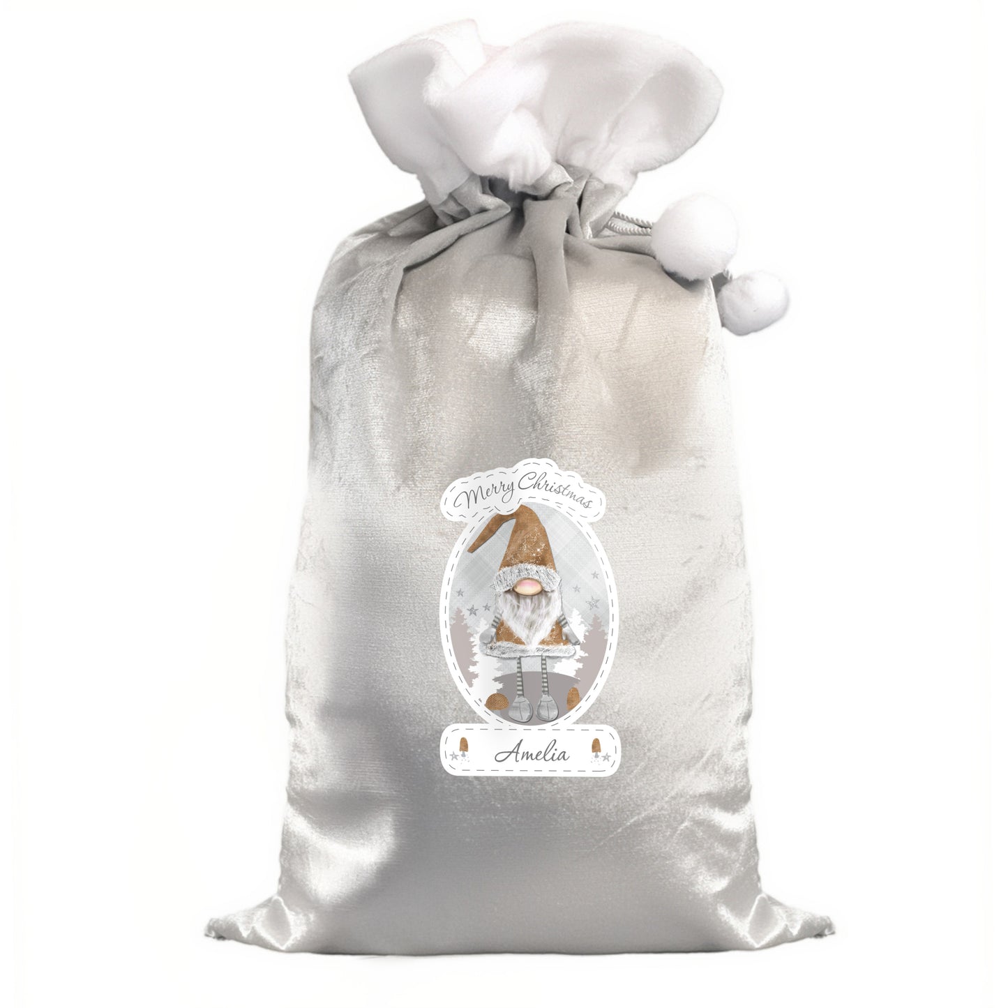 Personalised Christmas Gonk Luxury Silver Grey Pom Pom Sack - image 5