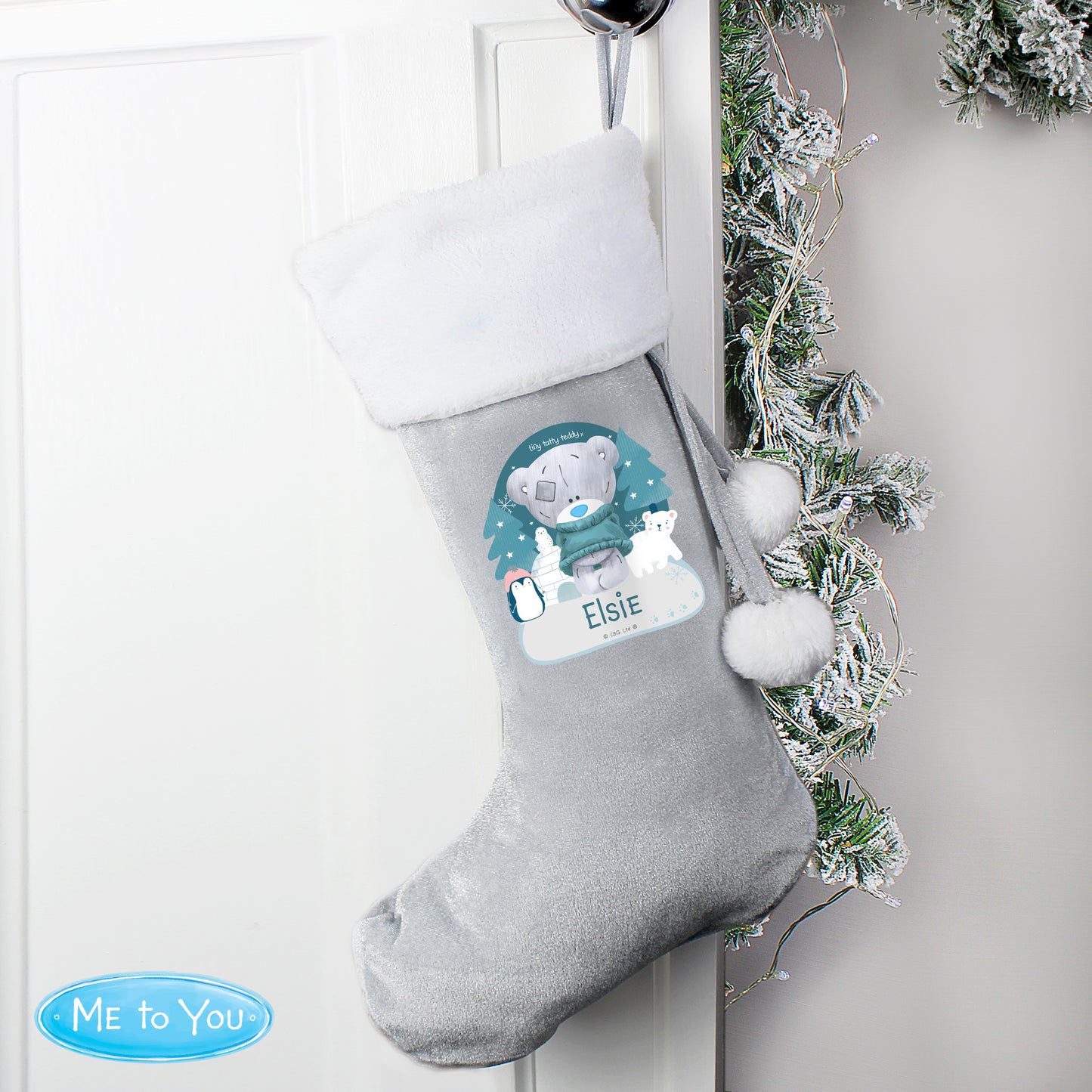 Personalised Christmas Tiny Tatty Teddy Silver Grey Stocking from Heartfelt Gifts