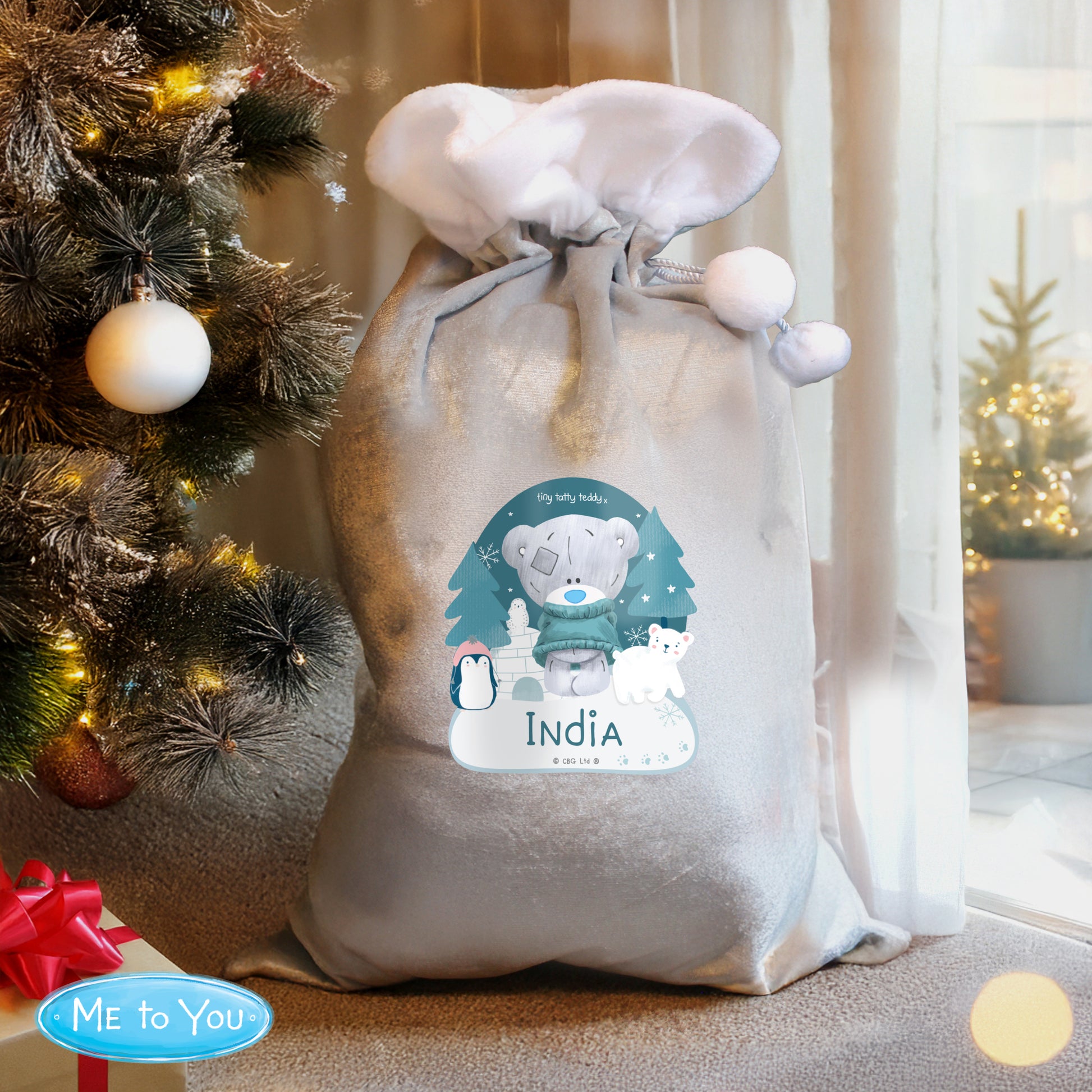 Personalised Winter Explorer Tiny Tatty Teddy Luxury Silver Grey Pom Pom Sack - image 2