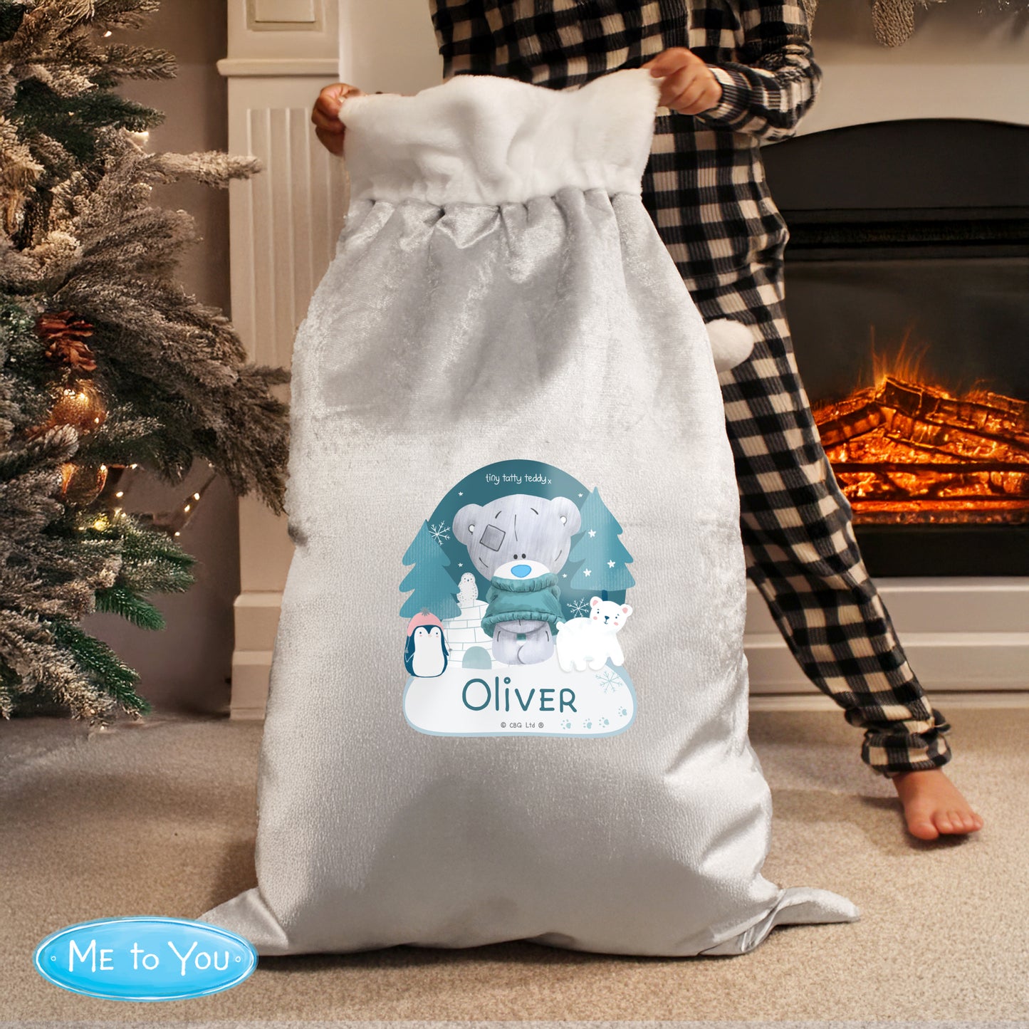 Personalised Winter Explorer Tiny Tatty Teddy Luxury Silver Grey Pom Pom Sack - image 3